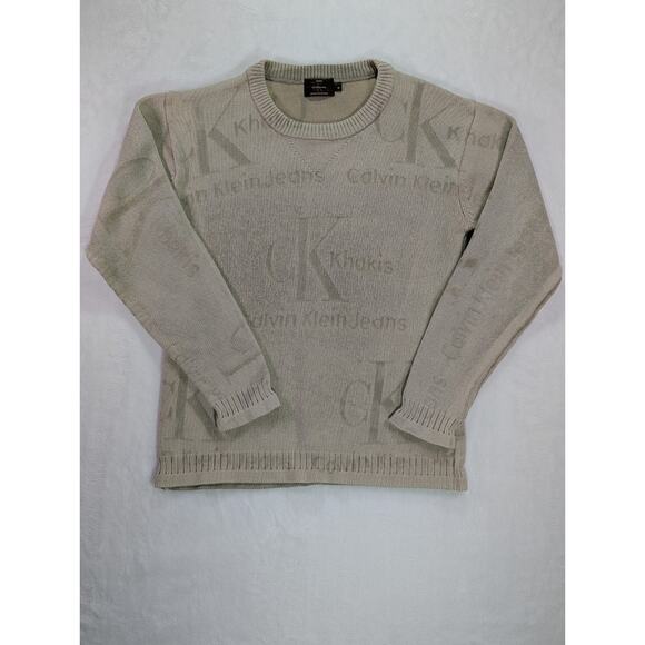 Cotton Crewneck Sweater Medium by Calvin Klein Jeans Khakis Embossed 90s/Y2K VTG - Picture 1 of 9